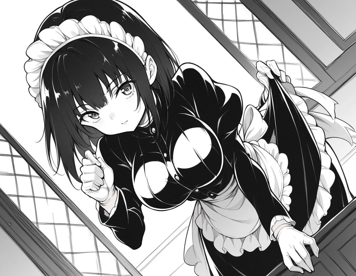 score_9, score_8_up, score_7_up, source_anime,
tsubakirurikawa, <lora:tsubaki-rurikawa-manga-ponyxl-lora-nochekaiser:1>,
tsubaki rurikawa, bangs, large breasts, monochrome, greyscale,
skirt, gloves, long sleeves, dress, frills, puffy sleeves, white gloves, apron, maid, maid headdress, juliet sleeves, maid apron,
indoors, bent over,
looking at viewer, solo, cowboy shot, dutch angle,