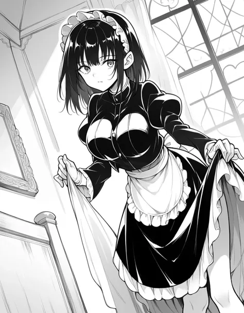 score_9, score_8_up, score_7_up, source_anime,
tsubakirurikawa, <lora:tsubaki-rurikawa-manga-ponyxl-lora-nochekaiser:1>,
tsubaki rurikawa, bangs, large breasts, monochrome, greyscale,
skirt, gloves, long sleeves, dress, frills, puffy sleeves, white gloves, apron, maid, maid headdress, juliet sleeves, maid apron,
indoors, bent over,
looking at viewer, solo, cowboy shot, dutch angle,