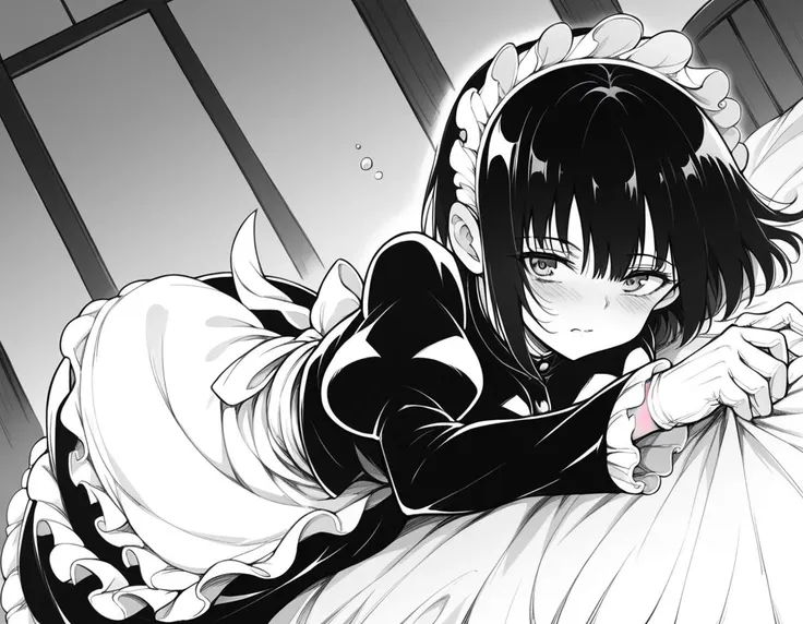 score_9, score_8_up, score_7_up, source_anime,
tsubakirurikawa, <lora:tsubaki-rurikawa-manga-ponyxl-lora-nochekaiser:1>,
tsubaki rurikawa, bangs, large breasts, monochrome, greyscale,
skirt, gloves, long sleeves, dress, frills, puffy sleeves, white gloves, apron, maid, maid headdress, juliet sleeves, maid apron,
indoors, bed, bed room, on side, blush, drunk,
looking at viewer, solo, cowboy shot, dutch angle,