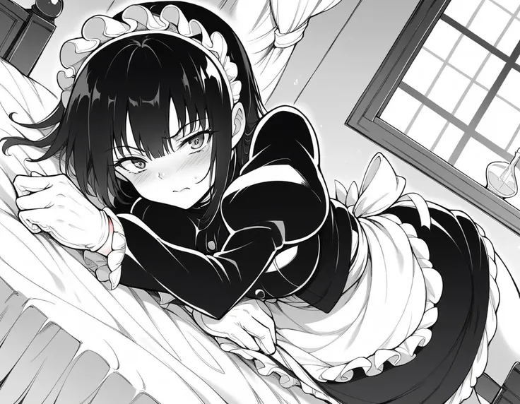 score_9, score_8_up, score_7_up, source_anime,
tsubakirurikawa, <lora:tsubaki-rurikawa-manga-ponyxl-lora-nochekaiser:1>,
tsubaki rurikawa, bangs, large breasts, monochrome, greyscale,
skirt, gloves, long sleeves, dress, frills, puffy sleeves, white gloves, apron, maid, maid headdress, juliet sleeves, maid apron,
indoors, bed, bed room, on side, blush, drunk,
looking at viewer, solo, cowboy shot, dutch angle,