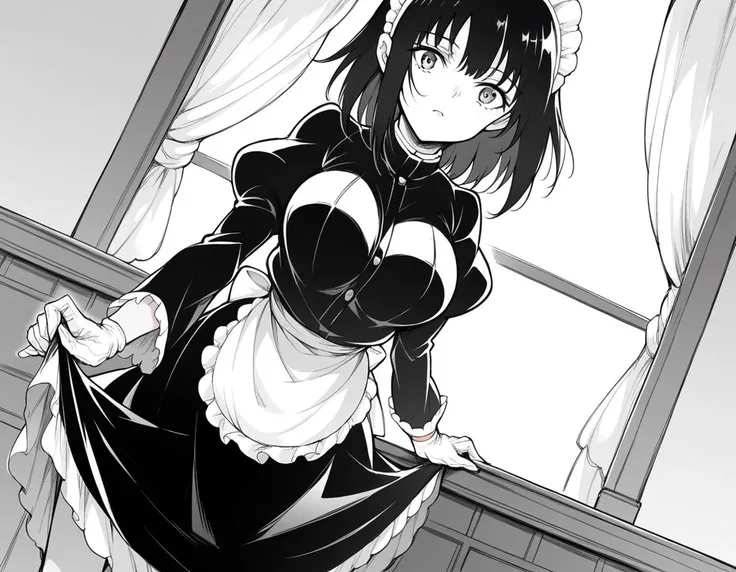 score_9, score_8_up, score_7_up, source_anime,
tsubakirurikawa, <lora:tsubaki-rurikawa-manga-ponyxl-lora-nochekaiser:1>,
tsubaki rurikawa, bangs, large breasts, monochrome, greyscale,
skirt, gloves, long sleeves, dress, frills, puffy sleeves, white gloves, apron, maid, maid headdress, juliet sleeves, maid apron,
indoors, bent over,
looking at viewer, solo, cowboy shot, dutch angle,