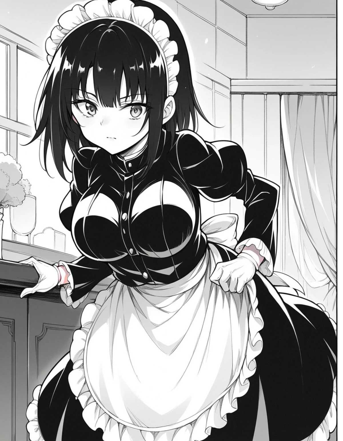 score_9, score_8_up, score_7_up, source_anime,
tsubakirurikawa, <lora:tsubaki-rurikawa-manga-ponyxl-lora-nochekaiser:1>,
tsubaki rurikawa, bangs, large breasts, monochrome, greyscale,
skirt, gloves, long sleeves, dress, frills, puffy sleeves, white gloves, apron, maid, maid headdress, juliet sleeves, maid apron,
indoors, bent over,
looking at viewer, solo, cowboy shot, dutch angle,