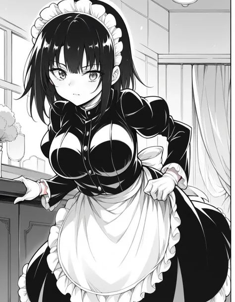 score_9, score_8_up, score_7_up, source_anime,
tsubakirurikawa, <lora:tsubaki-rurikawa-manga-ponyxl-lora-nochekaiser:1>,
tsubaki rurikawa, bangs, large breasts, monochrome, greyscale,
skirt, gloves, long sleeves, dress, frills, puffy sleeves, white gloves, apron, maid, maid headdress, juliet sleeves, maid apron,
indoors, bent over,
looking at viewer, solo, cowboy shot, dutch angle,