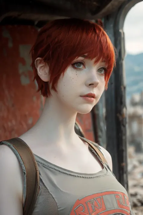 RAW photo, a close up portrait photo of 30 y.o woman in wastelander clothes, redhair, short haircut, pale skin, slim body, background is city ruins, (high detailed skin:1.2), 8k uhd, dslr, soft lighting, high quality, film grain, Fujifilm XT3 <lora:saya_the_fox_v2:1.0>