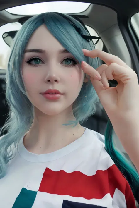 sayafox, 1girl, selfie, looking at viewer, green eyes, smile, standing, depth of field, shirt tucked in, (blue hair:1.3), long hair, flowing hair, blowing in the wind <lora:saya_the_fox_v2:1.0>, Asian-Less, <lora:epiNoiseoffset_v2:1>