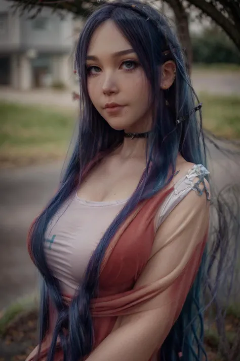 sayafox, 1girl, selfie, looking at viewer, green eyes, smile, standing, depth of field, shirt tucked in, (blue hair:1.3), long hair, flowing hair, blowing in the wind  <lora:saya_the_fox_v2:1.2>, Asian-Less,