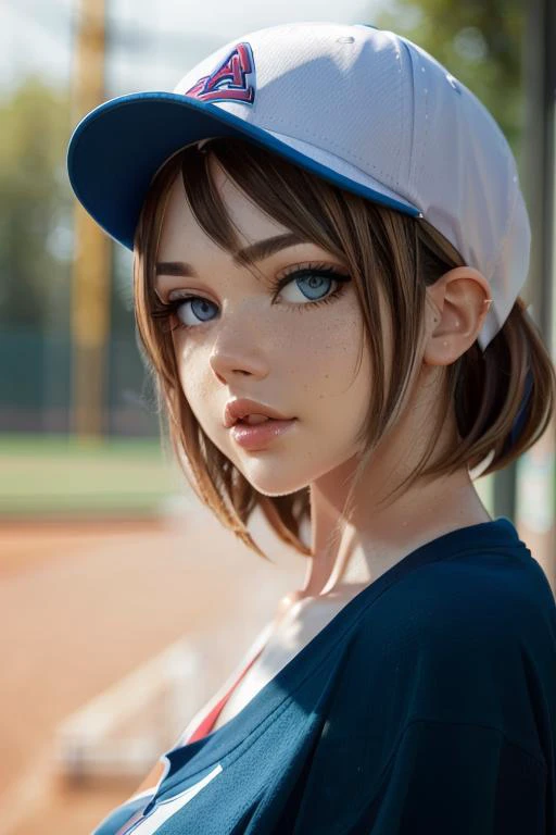 portrait, head shot, modelshoot style, looking at viewer, eye contact, sayafox, 1girl, woman, brunette hair, blue eyes, parted lips, medium breasts, streetwear, baseball cap, bustling city, blurred background, detailed eyes, warm volumetric lighting, masterpiece, best quality <lora:Saya_the_Fox_v1:1>