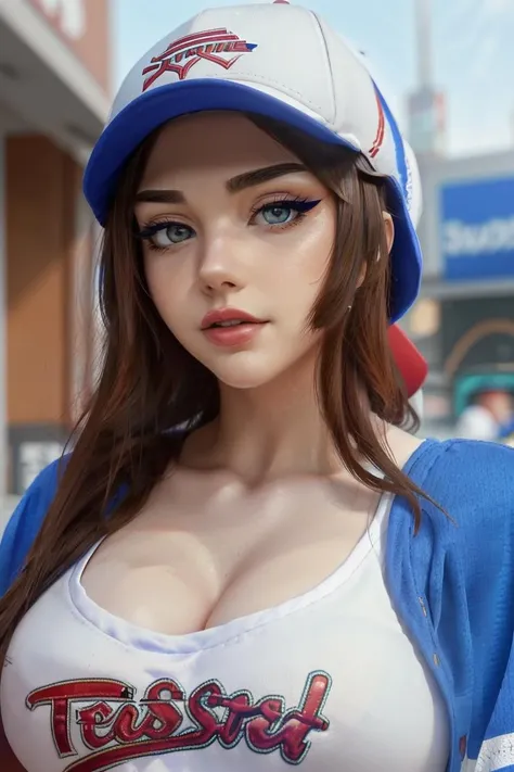 portrait, head shot, face focus, looking at viewer, eye contact,
sayafox, 1girl, woman, brunette hair, blue eyes, red lipstick, eyeshadow, makeup, parted lips, medium breasts,
streetwear, baseball cap,
bustling city, blurred background, detailed eyes, warm volumetric lighting, masterpiece, best quality
<lora:SayatheFox_V2-04:0.75>