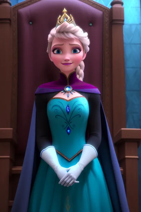 (masterpiece:1.4), (best qualit:1.4), (high resolution:1.4), elsa of arendelle, smile, black long sleeves, green bodice, green gloves, green skirt, purple cloak, tiara, updo, ballroom, dance, looking at viewer,  <lora:elsa_of_arendelle_v1:1>