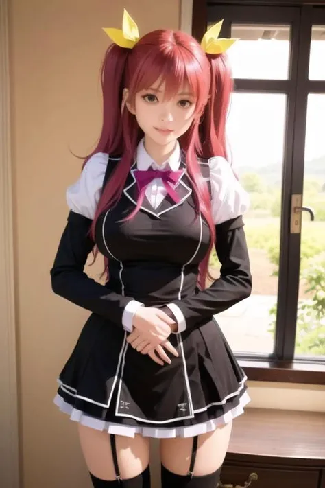 <lora:stellaVermillionChivalry_v20:0.82>,stella vermillion,school uniform,garter straps, black thighhighs with holes, cross-laced footwear, <lora:Korean-doll-likeness:0.35>, (ulzzang-6500-v1.1:0.4), (pureerosface_v1:0.9), realistic, (photorealistic:1.3),big smile,masterpiece, best quality, highly detailed, in sunset,looking at viewer,large breasts,cosplayer,red eyes,
