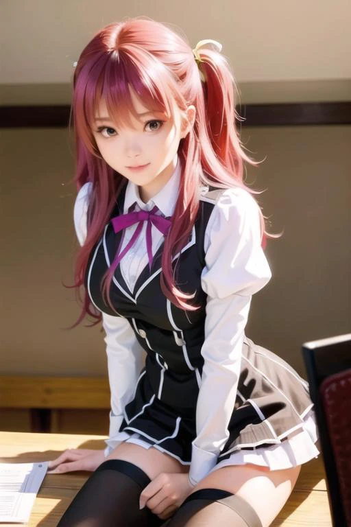 <lora:stellaVermillionChivalry_v20:0.82>,stella vermillion,school uniform,(garter straps), (black thighhighs),<lora:Korean-doll-likeness:0.35>, (ulzzang-6500-v1.1:0.4), (pureerosface_v1:0.9), realistic, (photorealistic:1.5),masterpiece, best quality, highly detailed,(((((looking down viewer))))),big smile,looking at viewer,(sitting on desk),((((from below)))),large breasts,cosplayer,in classroom,