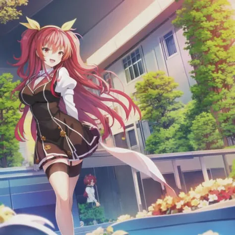 (masterpiece), stella vermillion, 1girl, school uniform, bright red hair, fiery colored hair, hair between eyes, yellow hairband, long hair, garter straps, black thighhighs, cross-laced footwear, looking at viewer, open mouth, red eyes, signature, smile, solo, standing, (school courtyard), beautiful scenery, flowers, clouds, absurdres, highres, omagacchu, chivalry of a failed knight <lora:stellaVermillionChivalry_v20:1>