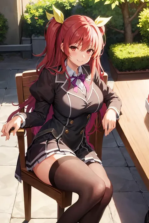 masterpiece, best quality, 1 girl,stella vermillion, school uniform, garter straps, black thighhighs, confident, smile school courtyard,cross-laced footwear <lora:stellaVermillionChivalry_v20:0.7>,sitting on a chair with crossed legs