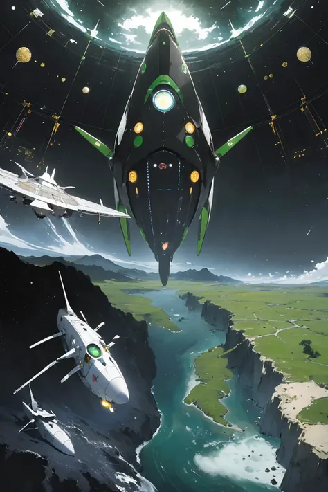 best quality, masterpiece, ultra high res, absurdres, (ebstyle:1.2), multiple monochrome, green theme, <lora:electric_bastionland-b2:0.9>,
innovative, Intergalactic space station, Warp-capable starship, Artificial intelligence marketplace, An ocean world with no visible landmasses, inhabited by intelligent, telepathic marine life forms.,