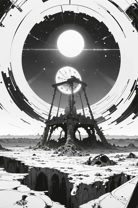 best quality, masterpiece, ultra high res, surrealism, dream-like, (ebstyle:1.2), monochrome, (spot color:1.2), <lora:electric_bastionland-b2:0.9>,
visionary, Multi-dimensional portal hub, Gravity-defying hovercraft, Post-apocalyptic wasteland, A planet with multiple, concentric rings, casting intricate shadows and patterns on its surface.