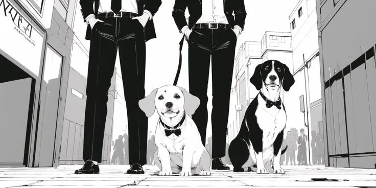 masterpiece, best quality, a dog sitting in the middle of a crowded street, shirt, bow, jacket, monochrome, multiple boys, necktie, shoes, belt, pants, bowtie, animal, formal, suit, walking, dog <lora:electric_bastionland-b2:0.8>