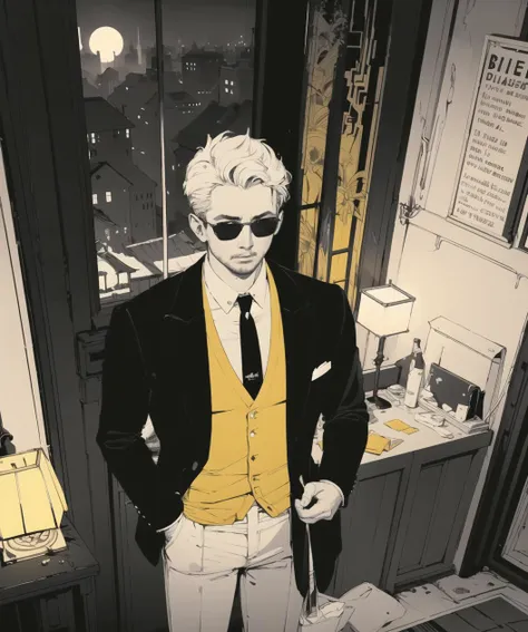 masterpiece, best quality, a man is (looking through a balcony window down on the city), short hair, shirt, long sleeves, 1boy, standing, jacket, monochrome, necktie, pants, indoors, bag, night, formal, sunglasses, bottle, suit, cigarette, smoking, lamp, limited palette, yellow theme, from above <lora:electric_bastionland-b2:0.8>