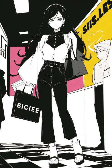 masterpiece, best quality, ebstyle, 1girl, a woman shopping in a crowded mall holding a shopping back, full body shot, long black hair, strange fashion, monochrome, (pink spot color:0.7), glass displays <lora:electric_bastionland-b2:0.9>
