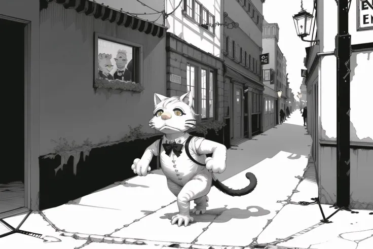 masterpiece, best quality, ebstyle, solo, a (sad cat muppet:1.2) walking down the city street, (formal:1.05), bowtie, monochrome, grayscale <lora:electric_bastionland-b2:0.9> <lora:Muppets:0.7>