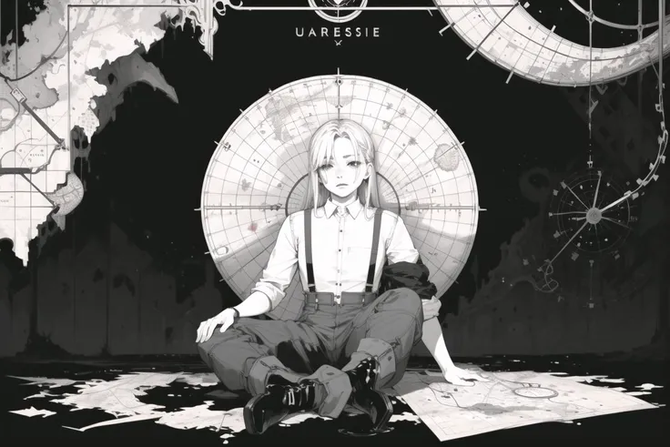 masterpiece, best quality, ebstyle, solo, a woman is sitting in the middle of an unspooled map, solo, 1girl, sitting, monochrome, greyscale, boots, pants, suspenders, black background, head out of frame <lora:electric_bastionland-b2:0.9>