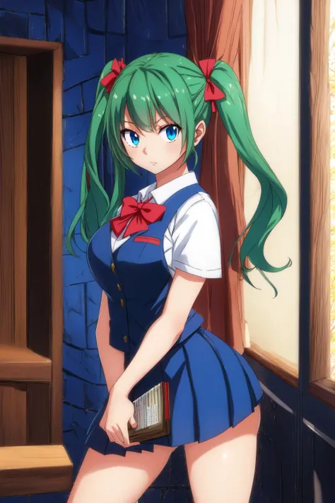 <lora:HiroMashimaStyle:0.9>, hiromashimav1, 1girl, cowboy shot, volumetric lighting, green hair, blue eyes, school uniform, twintails