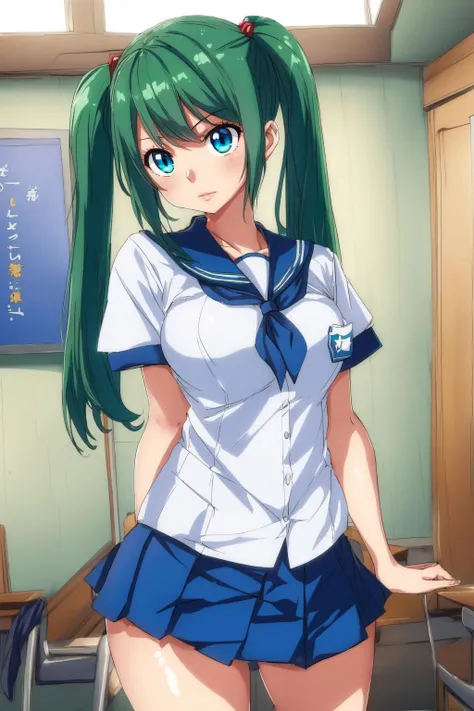 <lora:HiroMashimaStyle:0.9>, hiromashimav1, 1girl, cowboy shot, volumetric lighting, green hair, blue eyes, school uniform, twintails