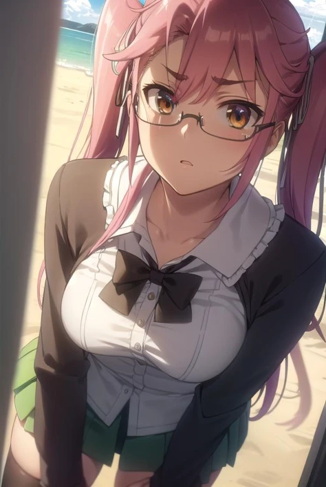 sayatakagi, <lora:saya takagi s1-lora-nochekaiser:1>,
saya takagi, long hair, ribbon, twintails, (brown eyes:1.3), hair ribbon, pink hair, glasses,
BREAK skirt, thighhighs, school uniform, serafuku, zettai ryouiki, green skirt, bowtie, long sleeves, black thighhighs, black bowtie,
BREAK outdoors, city, zombies, sun, sky, clouds, cars,
BREAK looking at viewer, (cowboy shot:1.5),
BREAK <lyco:GoodHands-beta2:1>, (masterpiece:1.2), best quality, high resolution, unity 8k wallpaper, (illustration:0.8), (beautiful detailed eyes:1.6), extremely detailed face, perfect lighting, extremely detailed CG, (perfect hands, perfect anatomy),