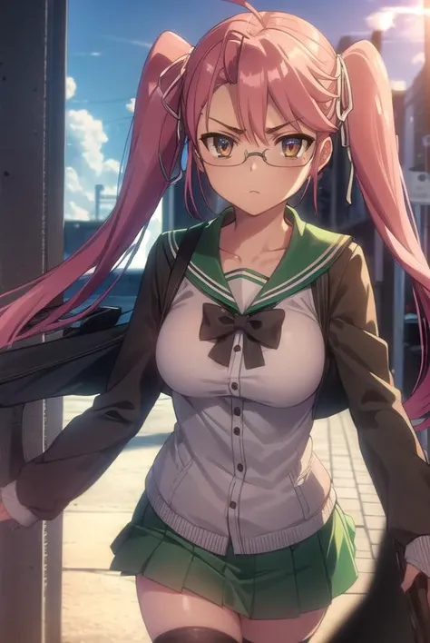 sayatakagi, <lora:saya takagi s1-lora-nochekaiser:1>,
saya takagi, long hair, ribbon, twintails, (brown eyes:1.3), hair ribbon, pink hair, glasses,
BREAK skirt, thighhighs, school uniform, serafuku, zettai ryouiki, green skirt, bowtie, long sleeves, black thighhighs, black bowtie,
BREAK outdoors, city, zombies, sun, sky, clouds, cars,
BREAK looking at viewer, (cowboy shot:1.5),
BREAK <lyco:GoodHands-beta2:1>, (masterpiece:1.2), best quality, high resolution, unity 8k wallpaper, (illustration:0.8), (beautiful detailed eyes:1.6), extremely detailed face, perfect lighting, extremely detailed CG, (perfect hands, perfect anatomy),