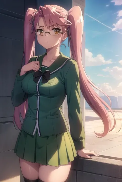 sayatakagi, <lora:saya takagi s1-lora-nochekaiser:1>,
saya takagi, long hair, ribbon, twintails, (brown eyes:1.3), hair ribbon, pink hair, glasses,
BREAK skirt, thighhighs, school uniform, serafuku, zettai ryouiki, green skirt, bowtie, long sleeves, black thighhighs, black bowtie,
BREAK outdoors, city, zombies, sun, sky, clouds, cars,
BREAK looking at viewer, (cowboy shot:1.5),
BREAK <lyco:GoodHands-beta2:1>, (masterpiece:1.2), best quality, high resolution, unity 8k wallpaper, (illustration:0.8), (beautiful detailed eyes:1.6), extremely detailed face, perfect lighting, extremely detailed CG, (perfect hands, perfect anatomy),