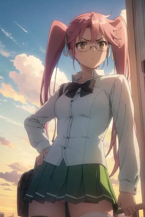 sayatakagi, <lora:saya takagi s1-lora-nochekaiser:1>,
saya takagi, long hair, ribbon, twintails, (brown eyes:1.3), hair ribbon, pink hair, glasses,
BREAK skirt, thighhighs, school uniform, serafuku, zettai ryouiki, green skirt, bowtie, long sleeves, black thighhighs, black bowtie,
BREAK outdoors, city, zombies, sun, sky, clouds, cars,
BREAK looking at viewer, (cowboy shot:1.5),
BREAK <lyco:GoodHands-beta2:1>, (masterpiece:1.2), best quality, high resolution, unity 8k wallpaper, (illustration:0.8), (beautiful detailed eyes:1.6), extremely detailed face, perfect lighting, extremely detailed CG, (perfect hands, perfect anatomy),