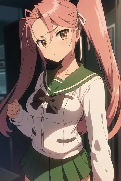 sayatakagi, <lora:sayatakagitest:1>,
saya takagi, long hair, ribbon, twintails, (brown eyes:1.5), hair ribbon, pink hair,
BREAK skirt, thighhighs, school uniform, serafuku, zettai ryouiki, green skirt, bowtie, long sleeves, black thighhighs, black bowtie,
BREAK looking at viewer,
BREAK indoors, classroom,
BREAK <lora:GoodHands-vanilla:1>, (masterpiece:1.2), best quality, high resolution, unity 8k wallpaper, (illustration:0.8), (beautiful detailed eyes:1.6), extremely detailed face, perfect lighting, extremely detailed CG, (perfect hands, perfect anatomy),