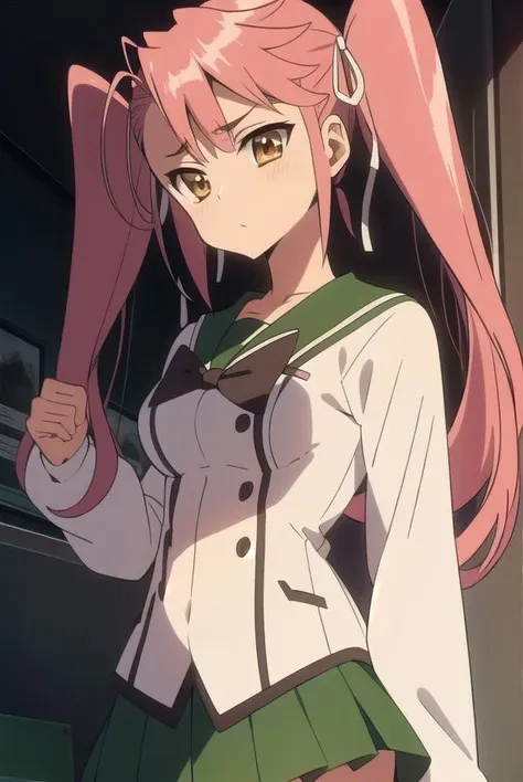 sayatakagi, <lora:sayatakagitest:1>,
saya takagi, long hair, ribbon, twintails, (brown eyes:1.5), hair ribbon, pink hair,
BREAK skirt, thighhighs, school uniform, serafuku, zettai ryouiki, green skirt, bowtie, long sleeves, black thighhighs, black bowtie,
BREAK looking at viewer,
BREAK indoors, classroom,
BREAK <lora:GoodHands-vanilla:1>, (masterpiece:1.2), best quality, high resolution, unity 8k wallpaper, (illustration:0.8), (beautiful detailed eyes:1.6), extremely detailed face, perfect lighting, extremely detailed CG, (perfect hands, perfect anatomy),