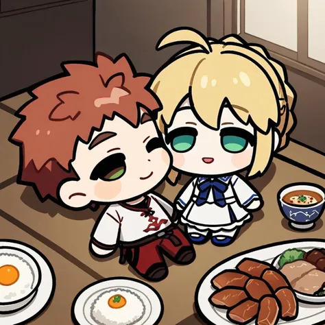 lying-on-back, chibi,(masterpiece),(best quality),A boy and a girl, Emiya Shirou and Artoria Pendragon from fate series, having their breakfast in the dining room. Emiya Shirou wears white t-shirt and jacket. Artoria Pendragon wears white dress with blue neck ribbon. Rice, soup, and minced meats are served on the table. They look at each other while smiling happily, masterpiece, best quality