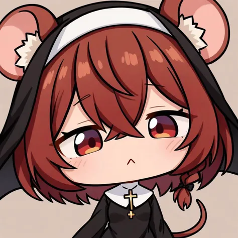 masterpiece,best quality,very aesthetic,absurdres,simple background,portrait,1girl,ratkin,solo,small breasts,mouse girl,mouse ears,animal ear fluff,mouse tail,red eyes,red hair,bangs,hair between eyes,(side braided ponytail:1.2),medium hair,hair over ears,long sleeves,nun,red scarf,black veil,(black slit long dress:1.2),brown pantyhose,leather knee boots,cross necklace,<lora:大头ä¸è§å´close-up,chibi:1>,close-up,chibi,