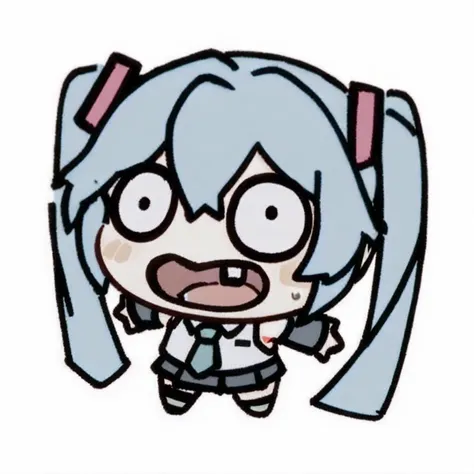 (chibi),(masterpiece),(best quality),1girl, hatsune miku, twintails, necktie, solo, skirt, shirt, aqua hair, black skirt, aqua eyes, detached sleeves, long hair, sleeveless, white shirt, open mouth, white background, aqua necktie, black sleeves, sleeveless shirt, outstretched arms, very long hair, blush stickers, pleated skirt, hair ornament, miniskirt, bare shoulders, musical note