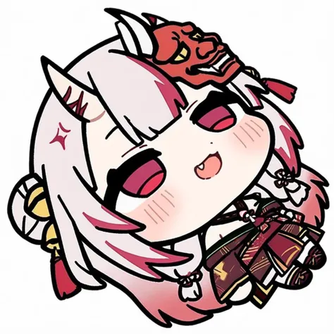 lying-on-back, chibi,(masterpiece),(best quality),1girl,solo,bell,hair bell,virtual youtuber,nakiri ayame,long hair,horns,red eyes,hair ornament,double bun,hair bun,smile,mask,white hair,oni horns,oni mask,upper body,multicolored hair,blush,white background,open mouth,jingle bell,japanese clothes,mask on head,red hair,bare shoulders,kimono,simple background,streaked hair,holding,off shoulder,bangs,:d,tassel,oni,breasts,fang