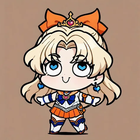 style-parody,chibi,full_body,(masterpiece),(best quality),1girl,sailor venus,masterpiece,best quality,very aesthetic,absurdres,aavenus,long hair,blonde hair,hair bow,tiara,blue eyes,earrings,orange choker,collarbone,orange sailor collar,blue bowtie,white shirt,white leotard,elbow gloves,white gloves,pleated skirt,orange skirt,heart hands,traditional media,