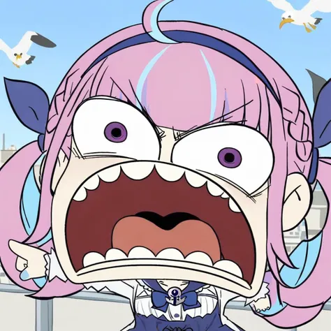 chibi, parody, open mouth, teeth,(masterpiece),(best quality),1girl, solo, virtual youtuber, multicolored hair, minato aqua, long hair, skirt, braid, looking at viewer, twin braids, bird, bangs, blue hair, outdoors, pantyhose, long sleeves, purple eyes, hat, pink hair, blue skirt, twintails, ahoge, two-tone hair, blush, bow, sailor collar, shirt, hairband, white jacket, pleated skirt, jacket, railing, white pantyhose, breasts, ribbon, white shirt, blue sky, day, streaked hair, open mouth, frills, blue sailor collar, sky, seagull, high-waist skirt, choker, blue bow, red flower, open clothes, standing, colored inner hair, hand up, bowtie, open jacket, collarbone, anchor symbol, cityscape, smile, blue nails