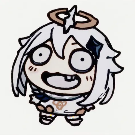 (chibi),1girl, paimon \(genshin impact\), solo, white hair, hair between eyes, halo, looking at viewer, bangs, hair ornament, grey eyes, smile, :3, blue eyes, blush, simple background