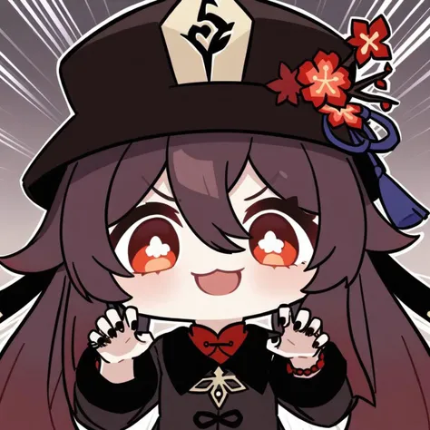 big-haed,chibi,:3,masterpiece, best quality, full shot, chibi, grimaces, emoji, frightening, 1girl, solo, long hair, looking at viewer, smile, open mouth, bangs, simple background, brown hair, long sleeves, hat, hair between eyes, twintails, flower, :d, chibi, nail polish, black eyes, black headwear, chinese clothes, black nails, hat ornament, emphasis lines, hat flower, claw pose, hu tao \(genshin impact\),