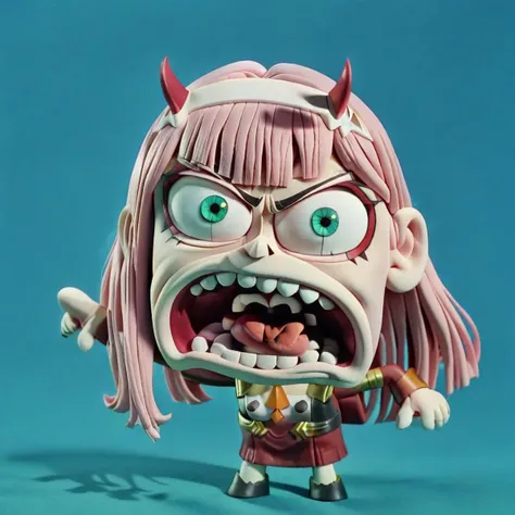 <lora:claymation-style_a31_xl_1:1>,claymation-style,<lora:chibi_teeth_a3.0:1>,style-parody,chibi,full_body,(masterpiece),(best quality),1girl, aqua_background, aqua_eyes, blue_background, buttons, double-breasted, fangs, green_eyes, hairband, horns, long_hair, looking_at_viewer, military, military_uniform, necktie, pink_hair, sky, solo, tongue, tongue_out, uniform, white_hairband, zero_two_\(darling_in_the_franxx\)