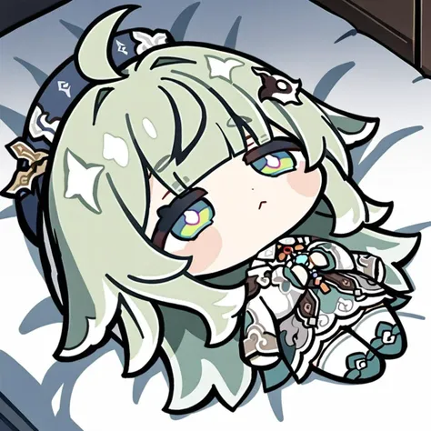 lying-on-back, chibi,(masterpiece),(best quality),(best quality), huohuo \(honkai:_star_rail\), hat, 1girl, perfect face, bright pupils, (finely detailed beautiful eyes), green eyes, wide_hips, green hair, long hair, bangs, ahoge, hair ornament, (white sweater, long sleeves, sleeves past wrists), pleated skirt, white legwear, fox tail, night, indoors, full body, shoulder level shot, wide shot, (kneeling, on bed), v arms,  (delicate fingers, five fingers on hand),