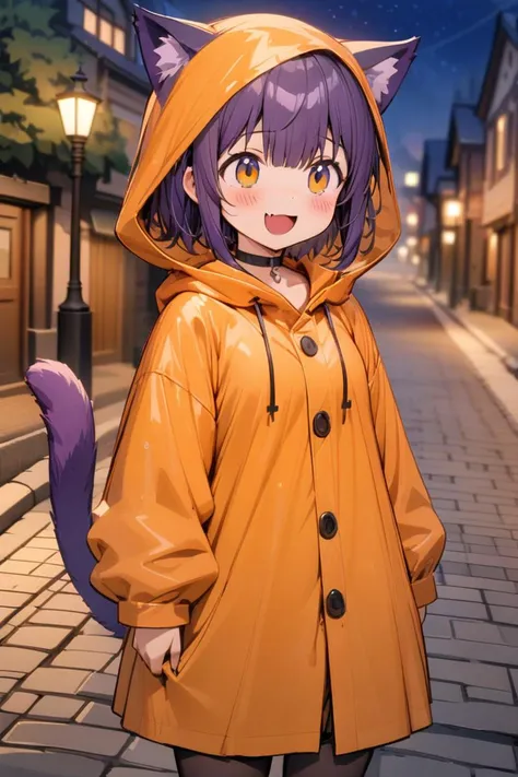 smile,masterpiece, best quality, 4k, 1girl, orange raincoat, cute anime style, solo, (orange raincoat, baggy clothing:1.3), hood down, blush, short hair, hair covering eyes, eyes no visible, bangs, wearing black chocker, smile, visible fang, purple hair, purple cat ears, purple cat tail, standing, outdoors, orange boots, tree, night, stars,  blurry background, cowboy shoot:1.3, (detailed background, outside, town background, sidewalk, street, street lamp:1.2)