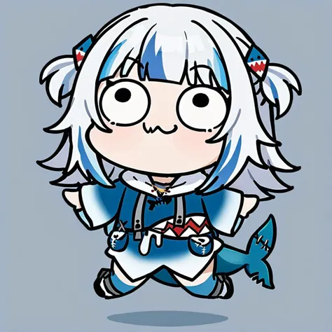 style-parody,chibi,full_body,(masterpiece),(best quality),1girl, gawr gura, virtual youtuber, tail, fish tail, shark tail, solo, blue eyes, multicolored hair, grey hair, full body, blue hair, streaked hair, bangs, hair ornament, shark hair ornament, two side up, white background, hood, blunt bangs, shark girl, hoodie, simple background, blue hoodie