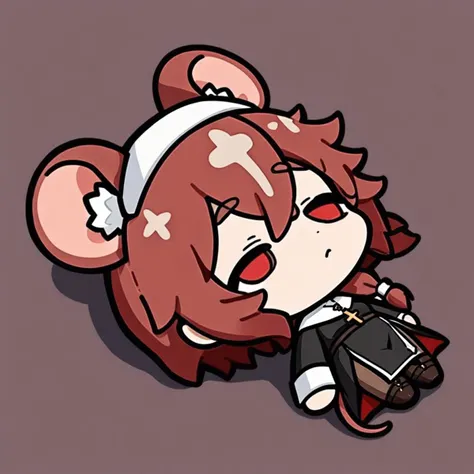 masterpiece,best quality,very aesthetic,absurdres,simple background,1girl,ratkin,solo,small breasts,mouse girl,mouse ears,animal ear fluff,mouse tail,red eyes,red hair,bangs,hair between eyes,(side braided ponytail:1.2),medium hair,hair over ears,looking at viewer,long sleeves,nun,red scarf,black veil,(black slit long dress:1.2),brown pantyhose,leather knee boots,cross necklace,<lora:ä¸ä¸èººè¡¨ælying-on-back,chibi:1>,lying-on-back,chibi,