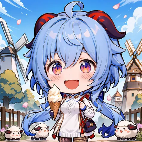 smile, :d, chibi,1girl, ganyu \(genshin impact\), solo, outdoors, long hair, goat horns, ice cream, horns, flower, purple eyes, blue hair, sweater, petals, looking at viewer, pantyhose, food, bag, turtleneck, ahoge, bangs, blush, windmill, purple flower, sheep, turtleneck sweater, holding, fence, breasts, cloud, day, long sleeves, sky, handbag, shoulder bag, building, falling petals, cowboy shot, closed mouth, floating hair, dress, animal, black pantyhose, purple sweater, hair between eyes, pink flower, medium breasts, standing, sidelocks, cable knit, blue sky, tree, holding food