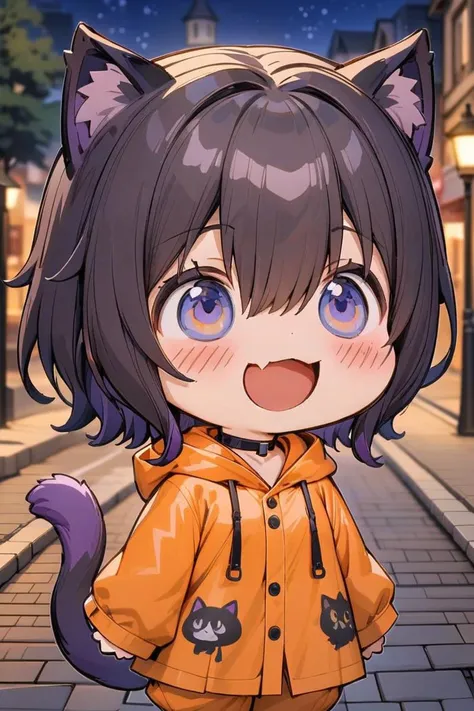 chibi,smile,masterpiece, best quality, 4k, 1girl, orange raincoat, cute anime style, solo, (orange raincoat, baggy clothing:1.3), hood down, blush, short hair, hair covering eyes, eyes no visible, bangs, wearing black chocker, smile, visible fang, purple hair, purple cat ears, purple cat tail, standing, outdoors, orange boots, tree, night, stars,  blurry background, cowboy shoot:1.3, (detailed background, outside, town background, sidewalk, street, street lamp:1.2)