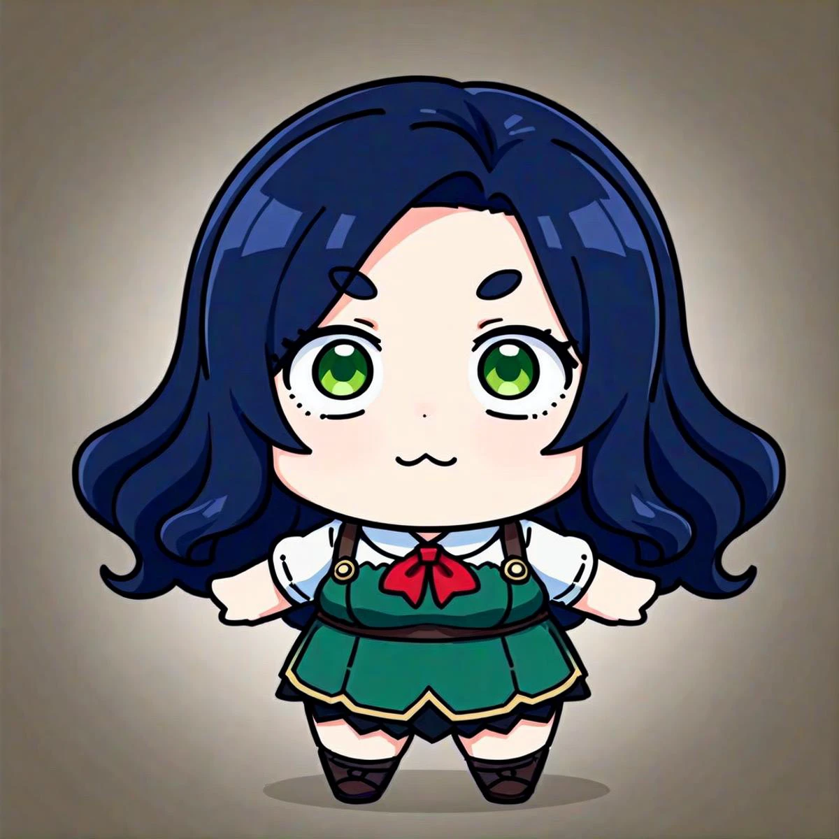 anime, best quality, (masterpiece:1.4), (high quality:1.4), sharp focus, 4k, absurd resolution, detailed hands, (curly hair), long hair, (black hair:1.6), mature female, (parted hair:1.7), (round face), (no_bangs:1.8), (no_fringe:1.8), <lora:ETO_OC_XL:0.7>, looking at viewer, (thick eyebrows:0.9), (plump:0.7), round-chin, (greenish brown eyes), (brownish green eyes), caucasian, down-turned eyes, (forehead:0.65), score_9, score_8_up, score_7_up, score_6_up, source_anime, <lora:style-parody_A3.0_XL:0.8> style-parody, chibi, full_body