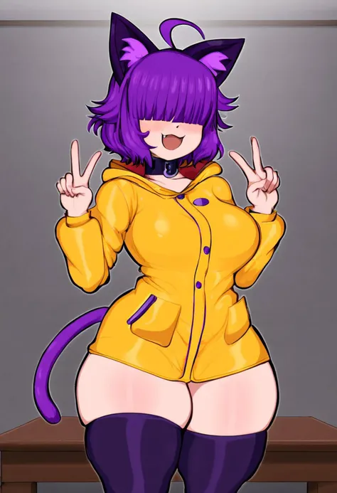 Expressiveh, masterpiece, best quality, amazing aestethics, 4k, 1girl, solo, curvy body, Yoko Momoko, fair skin, skindentation, short purple hair, hair covering eyes, purple ahoge, purple hair bangs, purple cat ears, purple cat tail, fang, perfect fingers, hand inside pocket, hand doing peace sign, thick thighs, blush, short orange raincoat, hood down, baggy clothing, orange rubber boots, black chocker, standing, indoors, basic background, blurry room background, cowboy shoot:1.3, (foggy background, inside, clear room, on table:1.2)