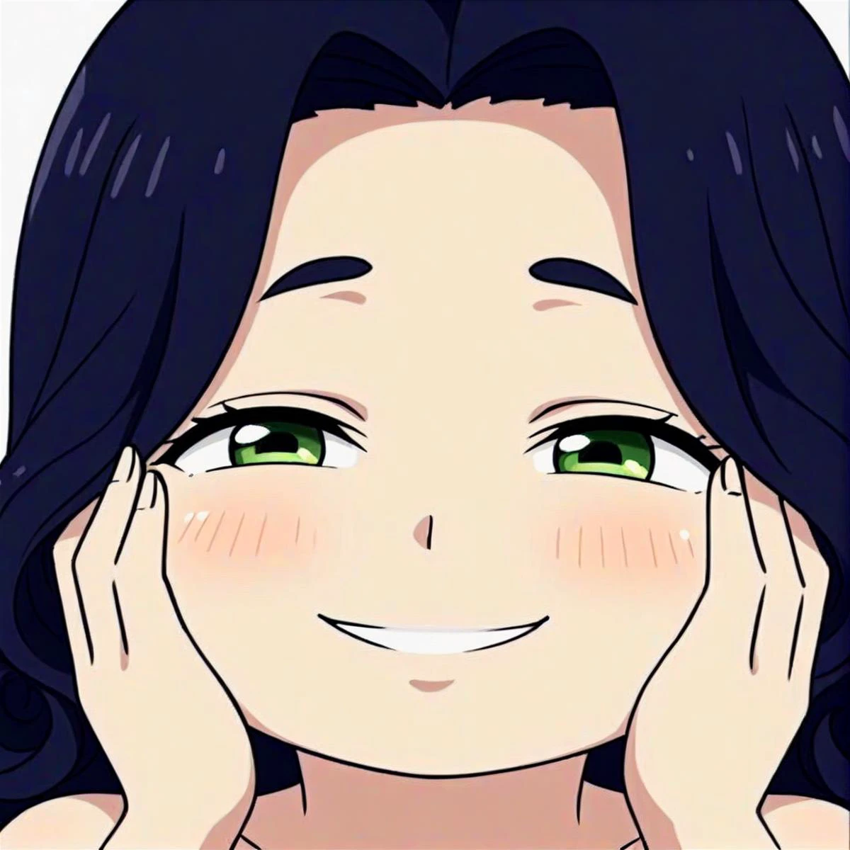 anime, best quality, (masterpiece:1.4), (high quality:1.4), sharp focus, 4k, absurd resolution, detailed hands, (curly hair), long hair, (black hair:1.6), mature female, (parted hair:1.7), (round face), (no_bangs:1.8), (no_fringe:1.8), <lora:ETO_OC_XL:0.7>, looking at viewer, (thick eyebrows:0.9), (plump:0.7), round-chin, (greenish brown eyes), (brownish green eyes), caucasian, down-turned eyes, (forehead:0.65), score_9, score_8_up, score_7_up, score_6_up, source_anime, <lora:anya-face_a30_xl:0.8> anya-face,smile